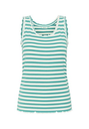 Canotta senza maniche a coste con righe orizzontali bianche e turchesi e bordi arricciati sullo scollo, sulle spalle e sull'orlo.