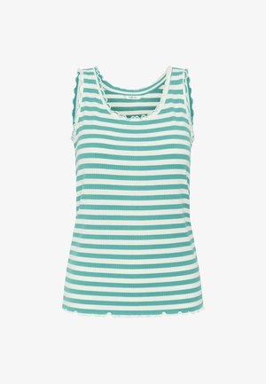 Bezruký žebrovaný tílko s bílými a tyrkysovými vodorovnými pruhy a volánkovými okraji na výstřihu, průramcích a lemu.