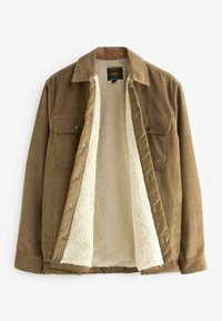 Brown corduroy jacket with a soft cream fleece lining, featuring a collar, two front pockets, and snap closures.