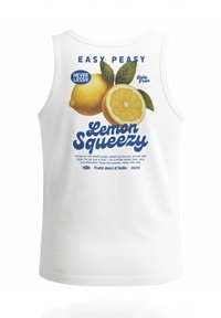White tank top featuring a graphic design with a lemon and leaf illustration. Text highlights "Lemon Squeezy" and other branding details.