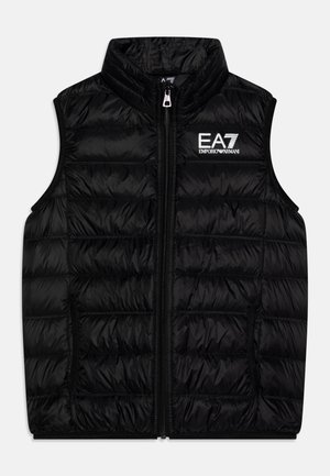Gilet nero trapuntato con colletto alto e zip frontale, con logo EA7 Emporio Armani sul lato sinistro. Tessuto liscio e lucido.