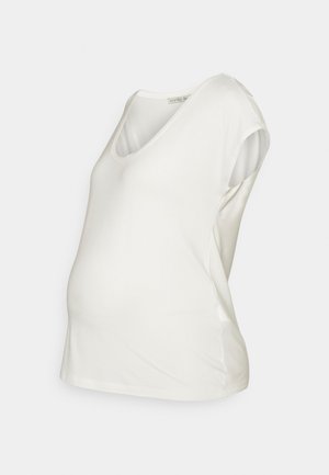 Top de maternidade branco com decote em V, mangas curtas e ajustadas, e um corte solto, feito de um tecido macio e elástico para conforto. Textura suave.