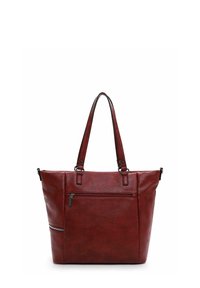 Borsa a tracolla rossa in ecopelle con due manici, tasca frontale con zip e dettaglio con zip laterale, caratterizzata da una texture liscia e forma rettangolare.
