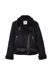 Zwarte nepshearling jas met leren accenten. Heeft een brede kraag, ritszakken en een ceintuur in de taille. De manchetten zijn ook van shearling.