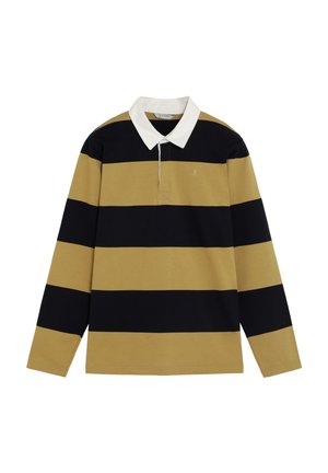 Camiseta de rugby de manga larga con anchas franjas horizontales en negro y marrón claro y un cuello blanco, mostrada sobre un fondo blanco.