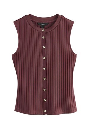Bordeauxrotes ärmelloses Oberteil mit geripptem Muster, rundem Ausschnitt und vertikalen Streifen. Mit metallischem Knopfverschluss vorne.
