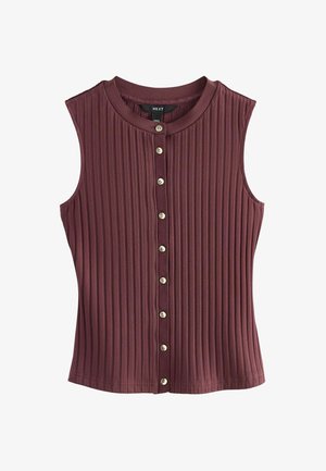 Bordo spalvos berankovė palaidinė su ribuota tekstūra, apvalia iškirpte ir vertikaliomis juostomis. Priekyje yra metalinių sagų užsegimas.