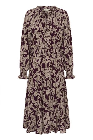 Burgundy dress with cream paisley pattern. Features long sleeves, a ruffled neckline, and gathered waist, with a flared skirt.