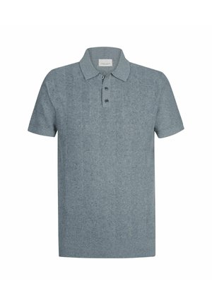 Polo grigio con motivo pied de poule, maniche corte e una patta con tre bottoni. Realizzata in tessuto morbido e strutturato.