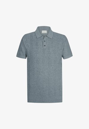 Polo grigio con motivo pied de poule, maniche corte e una patta con tre bottoni. Realizzata in tessuto morbido e strutturato.