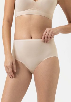 Beige Unterwäsche mit hoher Taille aus glattem, dehnbarem Stoff. Verfügt über ein nahtloses Design mit einem weichen, elastischen Bund für optimalen Komfort.