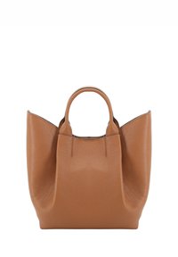 Hellbraune Ledertragetasche mit doppelten kurzen Griffen. Verfügt über abgerundete Kanten und eine leicht strukturierte Form. Strukturierte Oberfläche mit minimalen Details.