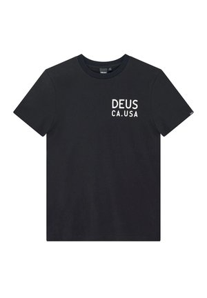 Black short-sleeve crew neck t-shirt with white text "DEUS CA. USA" printed on the left chest area.