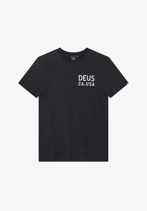 Schwarzes Kurzarm-T-Shirt mit Rundhalsausschnitt und weißem Aufdruck "DEUS CA. USA" auf der linken Brustseite.