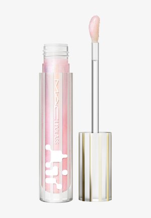 Der MAC Lipglass-Tube hat ein klares zylindrisches Design, in dem der pink schimmernde Gloss sichtbar ist. Der Deckel hat vertikale goldene und silberne Streifen.