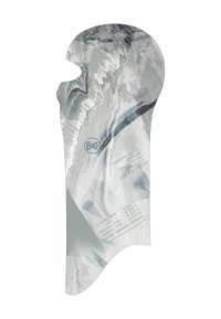 Buff balaclava in a marble pattern with shades of gray and white. Features a full-face design and cut-out for eyes, made from stretchy fabric.
