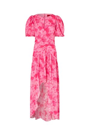 Ροζ φλοράλ φόρεμα με υψηλή-χαμηλή γραμμή, φουσκωτά κοντά μανίκια, ζωνάκι στη μέση, στρογγυλή λαιμόκοψη και ασύμμετρο τελείωμα.