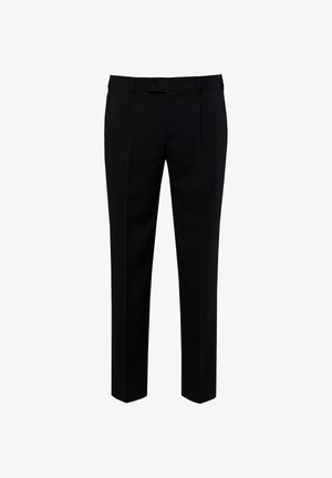 Schwarze formelle Hose mit vorderen Falten, Knopf- und Reißverschluss sowie Gürtelschlaufen, vor weißem Hintergrund dargestellt.