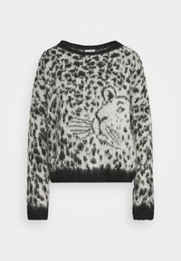 Schwarzer und weißer flauschiger Pullover mit Leopardenmuster und einem großen Leopardenkopfmuster auf der Vorderseite, langen Ärmeln und Rundhalsausschnitt.