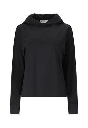 Sort hoodie med lange ærmer, løs pasform og bred manchet på hver ærme, vist mod en hvid baggrund.