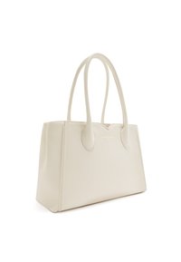 Sac fourre-tout en cuir crème avec double poignées, forme rectangulaire structurée et logo discret à l'avant. Fini texturé.