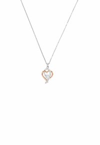 Hjärformad hängande halsband i vitt och roséguld med en central klar ädelsten och inlagda accenter av små kristaller i designen.
