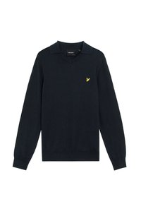 Pullover blu navy a maniche lunghe con collo a V, realizzato in tessuto morbido. Presenta un piccolo logo a ricamo di un uccello giallo sul petto.