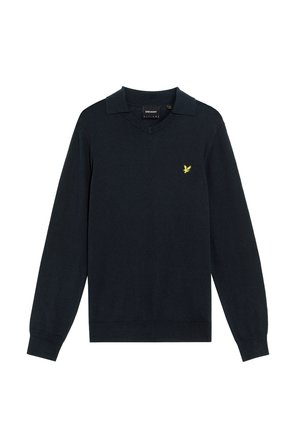 Navy blue long-sleeve pullover with a V-neck collar, made of soft fabric. Features a small yellow embroidered bird logo on the chest.