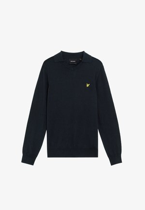 Navyblauwe lange mouwen pullover met V-hals, gemaakt van zachte stof. Heeft een klein gele geborduurd vogel logo op de borst.