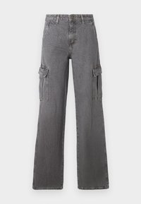 Cargo trousers in faded gray denim with wide legs, two side pockets, and a slightly crinkled texture. Metal button closure at waistband.