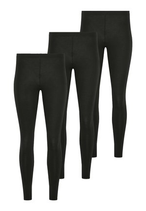 Trois paires de leggings noirs unis, longueur totale, présentées sur un fond blanc.