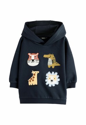 Marineblaue Hoodie für Kleinkinder mit farbenfrohen, bestickten Tiger-, Krokodil-, Giraffen- und Löwengesichtern auf der Vorderseite.