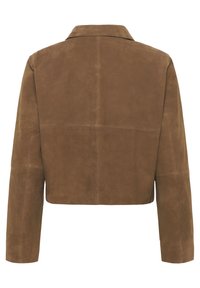 Brown suede cropped jacket with a notched collar, long sleeves, and visible stitching. Smooth texture with a minimalistic design.