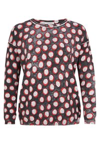 Graues Sweatshirt mit langen Ärmeln und kreisförmigen roten und weißen Spiralmustern. Rundhalsausschnitt, weicher Stoff, lässige Passform und gerippte Bündchen.