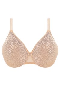 Beige lace bra with underwire, floral pattern, smooth cups, and adjustable straps. Features a decorative center accent.