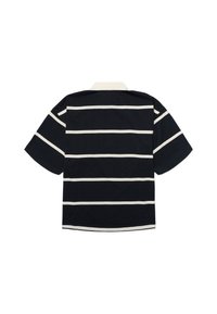 Polo noir à manches courtes avec rayures horizontales blanches et col blanc, étalé à plat montrant le dos.