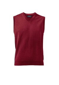 Roter ärmelloser Pullover mit V-Ausschnitt, gefertigt aus einem glatten Stoff. Verfügt über gerippte Abschlüsse am Ausschnitt und Saum für zusätzliche Struktur.