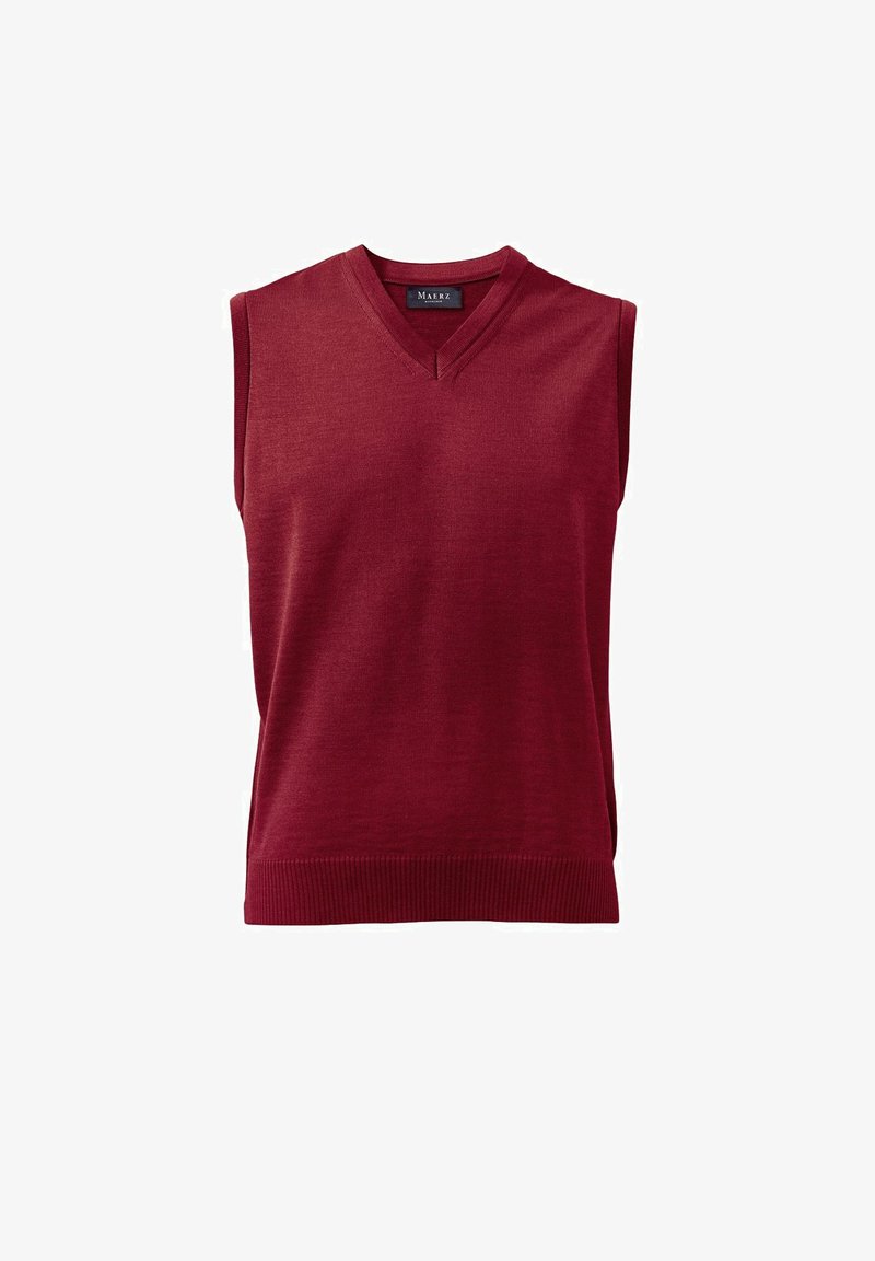 Roter ärmelloser Pullover mit V-Ausschnitt, gefertigt aus einem glatten Stoff. Verfügt über gerippte Abschlüsse am Ausschnitt und Saum für zusätzliche Struktur.