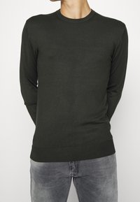 Uomo che indossa un maglione a maniche lunghe verde scuro semplice e jeans grigi sbiaditi, in piedi con le mani dietro la schiena su uno sfondo bianco.