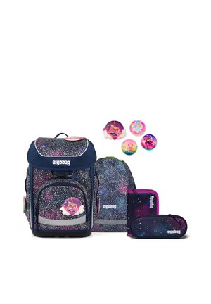 Dark blue and galaxy-patterned backpack set with matching drawstring bag, pencil case, and four colorful round badges featuring fantasy characters.
