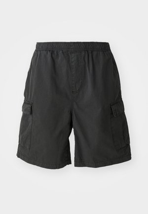 Black cargo shorts made of lightweight material, featuring an elastic waistband, two side pockets, and two cargo pockets on the thighs.