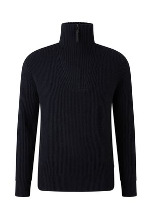 Navy blue ribbed knit sweater with long sleeves and a high zip-up collar, featuring a subtle cable knit pattern on the chest.