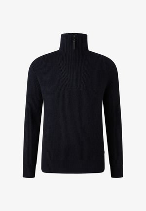 Navy blue ribbed knit sweater with long sleeves and a high zip-up collar, featuring a subtle cable knit pattern on the chest.