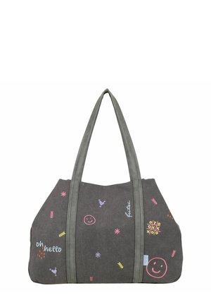 Dunkelgraue Tragetasche mit langen Griffen, verziert mit bunten Kritzeleien wie Smileys, Tic-Tac-Toe, Sternen und dem Text "oh hello".