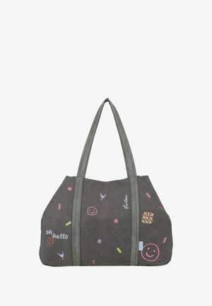 Borsa a tracolla grigio scuro con manici lunghi, decorata con scarabocchi colorati tra cui faccine sorridenti, tric trac, stelle e la scritta "oh hello".