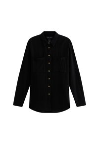 Zwarte lange mouwen shirt gemaakt van een textuurstof, met een knoopsluiting aan de voorkant, twee voorzakken en een klassieke kraag met houten knopen.