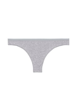 String en coton gris pour femme avec une ceinture étroite et des bords sans coutures, posé à plat sur un fond blanc.