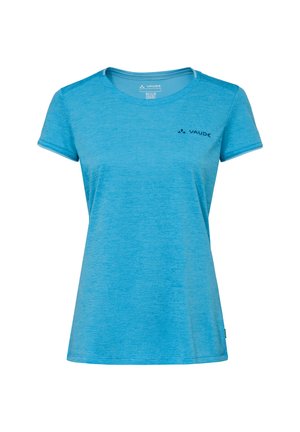 Blaues Damen-T-Shirt mit kurzen Ärmeln, Rundhalsausschnitt und kleinem Vaude-Logo auf der linken Brust vor weißem Hintergrund.