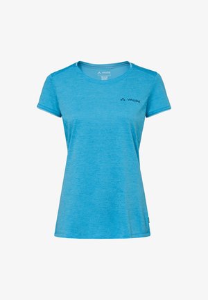 Blaues Damen-T-Shirt mit kurzen Ärmeln, Rundhalsausschnitt und kleinem Vaude-Logo auf der linken Brust vor weißem Hintergrund.