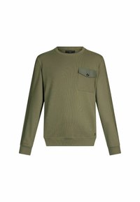 Felpa verde oliva con una trama a coste, scollo rotondo, maniche lunghe e una tasca sul petto con chiusura a bottone.